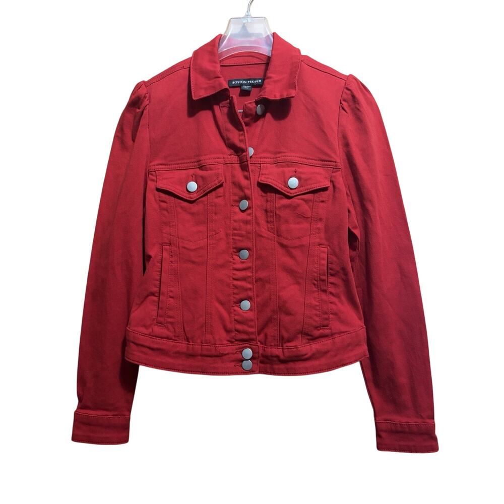 Boston Proper Womens Red Long Sleeve Collared Button Front Jean Jacket Size XXS